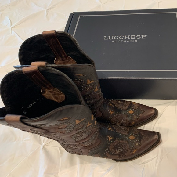 Lucchese Shoes - Lucchese Dark Brown Cowboy Boots with Intricate Patterns.